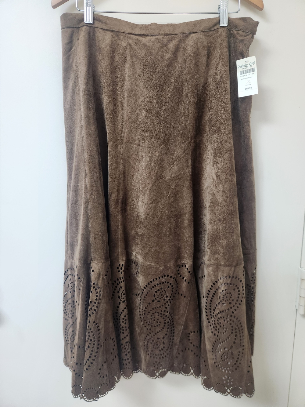 NWT Vintage Coldwater Creek Women's Brown Suede LaserCut Midi Skirt Petite Large